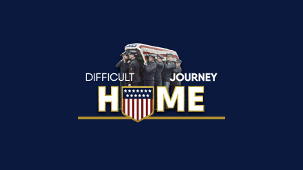 Graphic for the difficult journey home showing soldiers carrying a coffin shrouded by the American flag