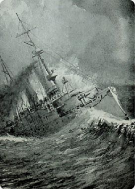 Painting of Cruiser Olympia in rough seas on display at The Independence Seaport Museum