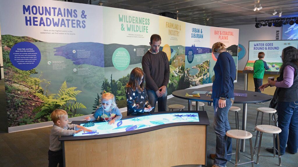 Parents and children walking the the River Alive exhibit at the Independence Seaport Museum