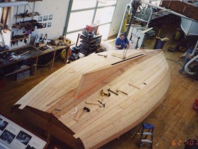 Restoration of the hull of a boat in the ship builders shop at The Independence Seaport Museum